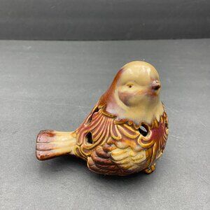 Vintage Ceramic Bird Figurine Brown Rust Hollow Cut Out Details Chickadee Glossy